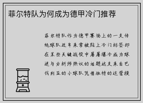 菲尔特队为何成为德甲冷门推荐
